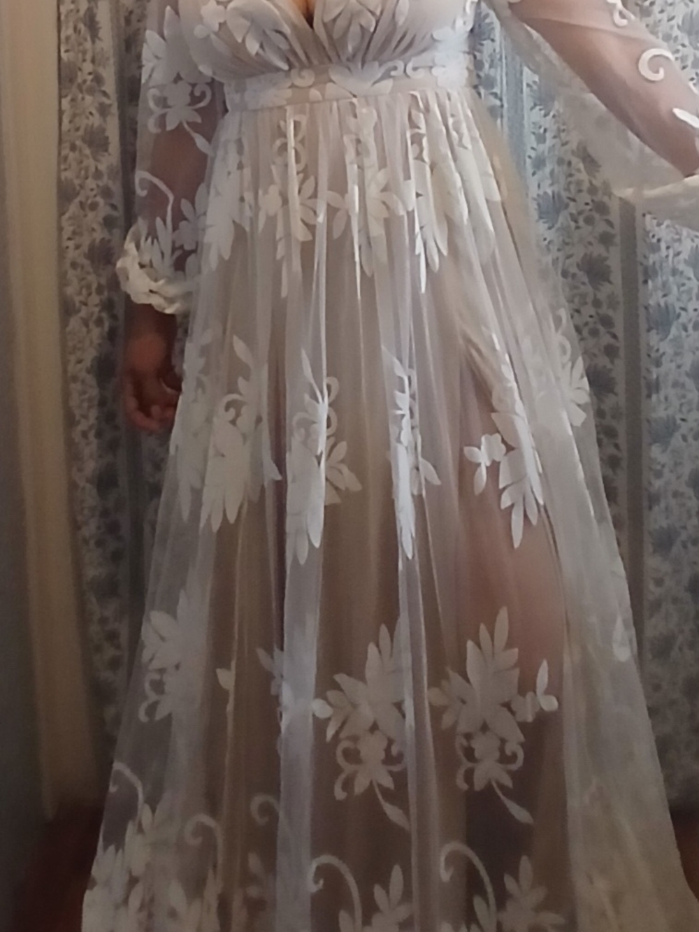 Sheer Ivory Floral Applique Maxi Dress - Women